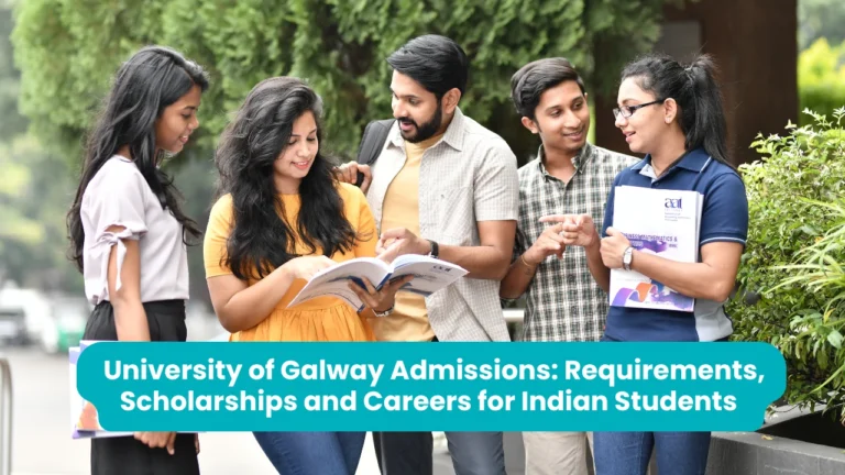 Banner reading 'University of Galway Admissions: Requirements, Scholarships and Careers for Indian Students' across a photograph of five smiling young Indian students standing outdoors in front of green trees, gathered around an open book one of them is holding